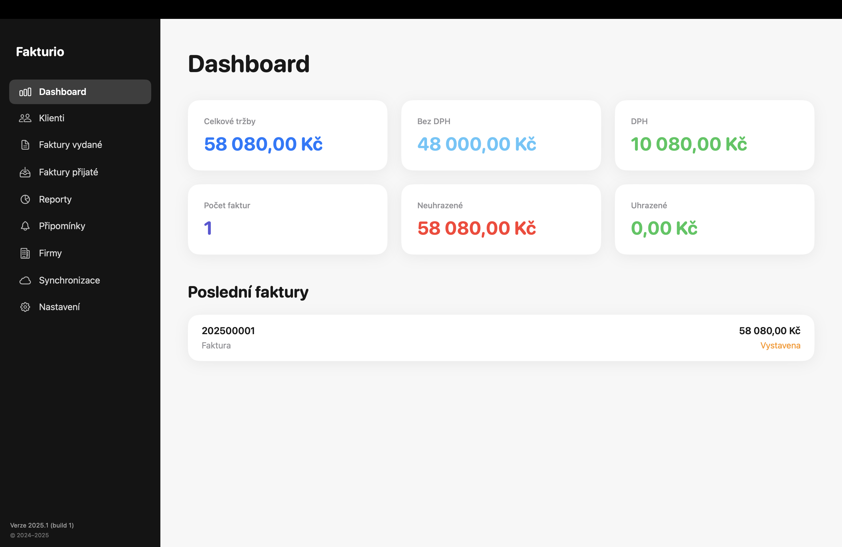 Fakturio – hlavní přehled a sidebar